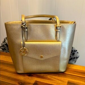 Michael Kors Gold Structured Tote Bag with Metallic Charm